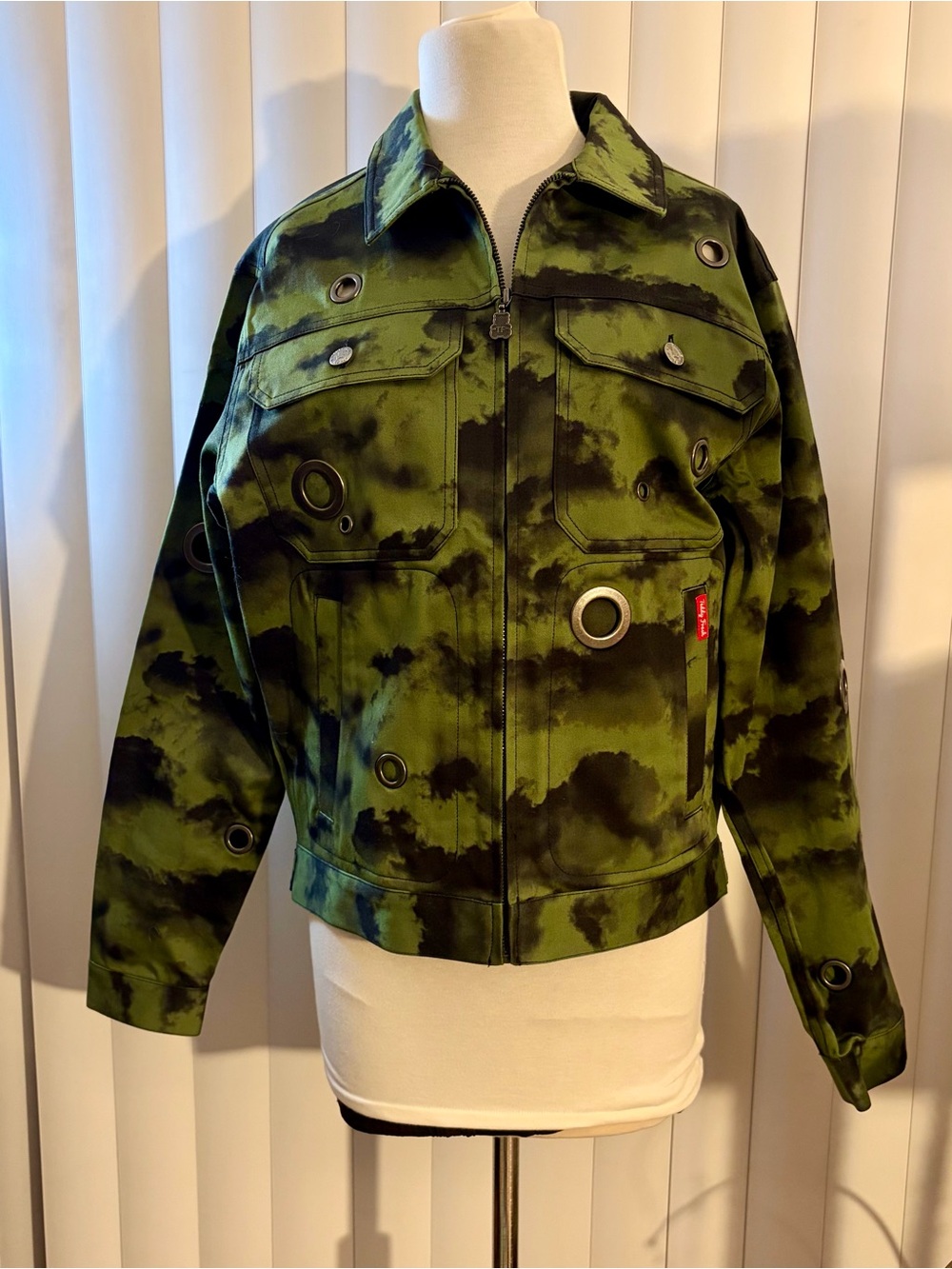 Teddy Fresh Dark Sky Eyelets Grommet Utility Jacket - Green Tie Dye Cloud Print.